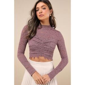 Lulus Exquisite Essential Purple Fuzzy Lace Ruched Long Sleeve Top - Size L